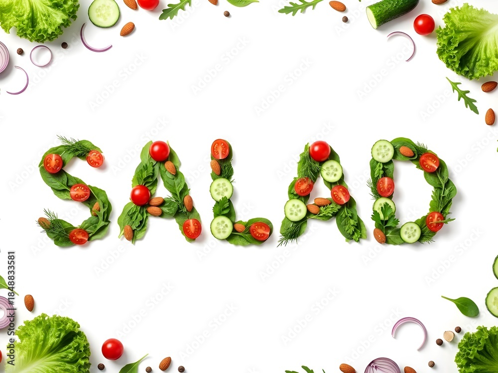Fototapeta premium christmas frame with holly berries, Fresh Vegetable Salad Typography Made from Organic Greens on White Background