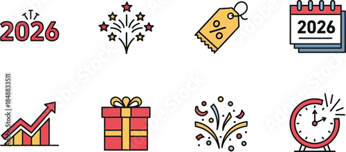 Collection of eight colorful line icons representing new year 2026 celebrations sales growth and time management concepts