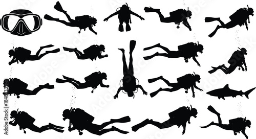 Dynamic vector illustration collection of scuba diver silhouettes, underwater swimming poses, exploration movements, diving mask design, and marine adventure elements for ocean-themed graphic projects