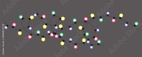 A string of colorful glowing incandescent light bulbs, tangled and draped, isolated on a dark background, perfect for festive celebrations and holiday decorations, vector art.