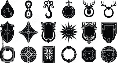 Elegant collection of vintage and modern door knockers, ornate decorative hardware, metal ring handles and classic entrance ornaments in detailed black silhouette vector illustration