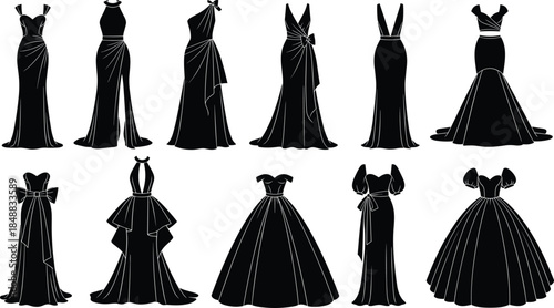 Elegant evening gown silhouette collection featuring diverse formal dress designs, fashion illustration vector set for couture, boutique branding, luxury apparel and creative design projects