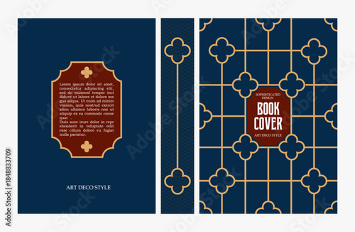 Classic vintage book cover and spine with gold and black art deco, art nouveau ornament, decorative frame, elegant retro style for classic publications, posters, artistic layouts