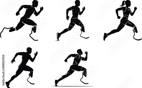 Adaptive Running Athlete Silhouette Set | Paralympic Sports Icons, Amputee Sprinting Silhouette Collection | Inclusive Sports Vector I | Paralympic Running Athletes