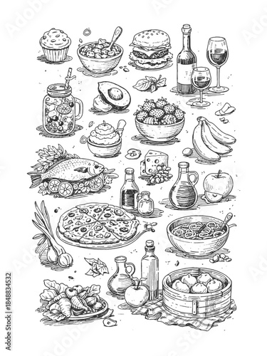 Hand Drawn Food and Drink Illustration Vector Set in Vintage Engraving Style Featuring Meals, Desserts, and Tableware for Menu and Packaging Design
