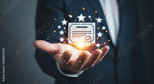 Man holding glowing digital certificate excellence award achievement recognition success