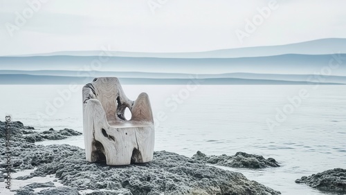 Unique wooden chair on rocky beach by serene ocean