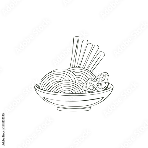 Sketch style noodle bowl with lemongrass and lemon slice for restaurant menus and culinary design