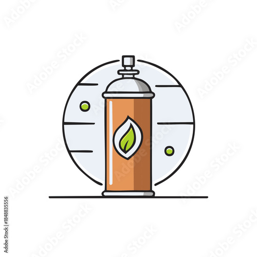 Brown aerosol spray can with green leaf design representing organic pesticide or plant food in vector illustration