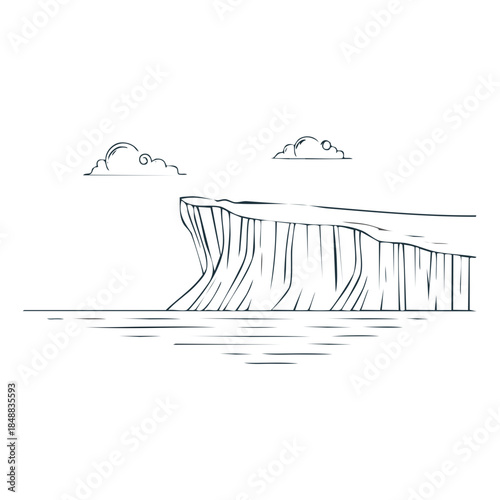 Coastal Cliff Sketch with Sea and Clouds Simple Line Art Landscape Illustration