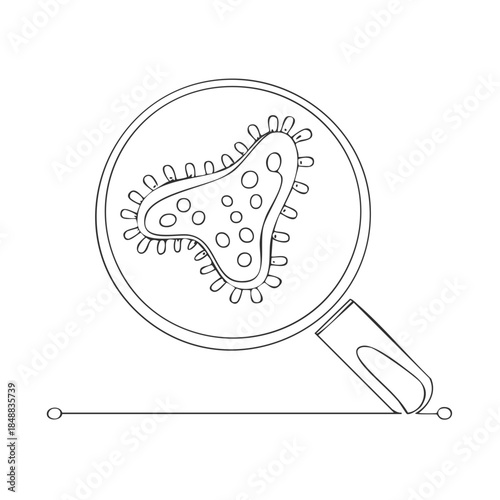 Magnifying glass showing detailed view of virus particle or bacteria in scientific concept