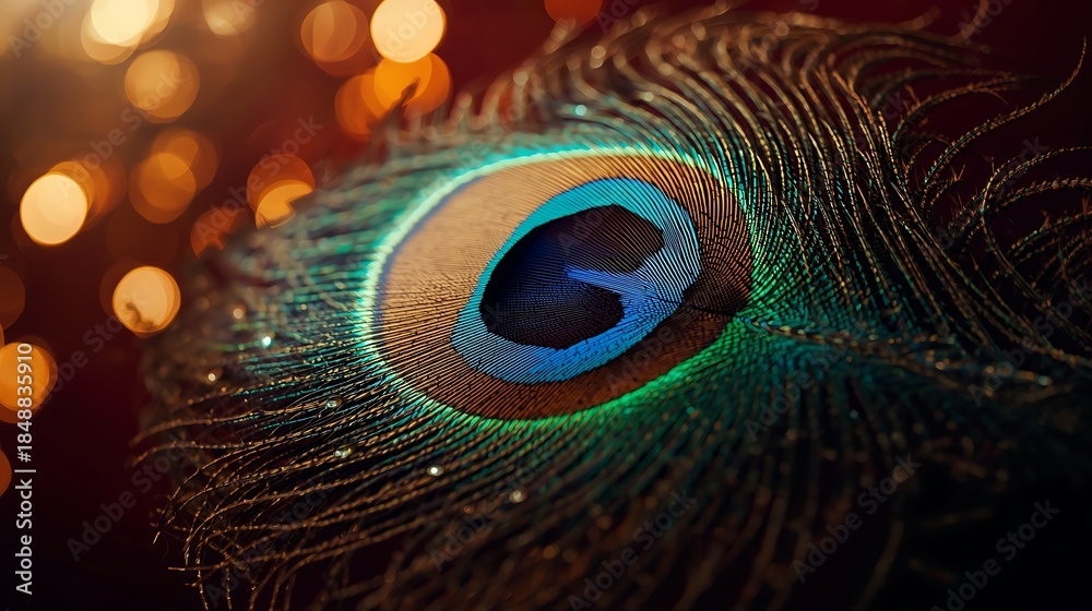 Obraz premium Vibrant peacock feather with stunning blue eye and golden bokeh