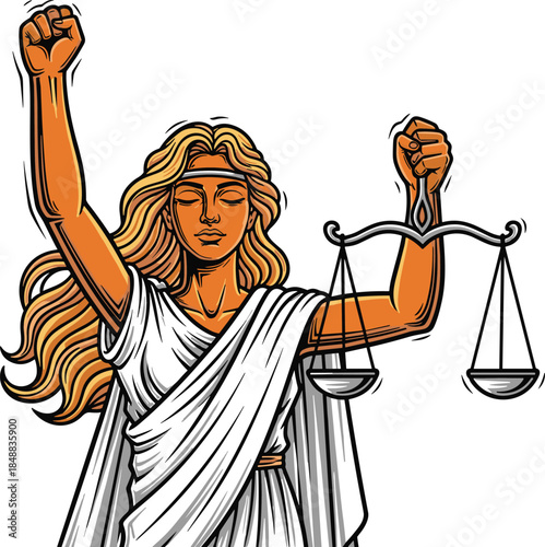 Lady Justice illustration with raised fist and balanced scales symbolizing fairness, empowerment, protest, law, equality, and modern legal reform.