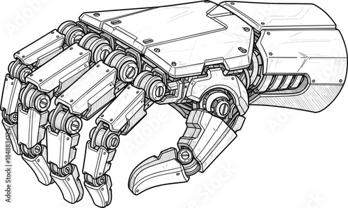 High-detail robotic hand illustration with mechanical joints, articulated fingers, futuristic design, engineering precision, cybernetic concept, black and white vector art