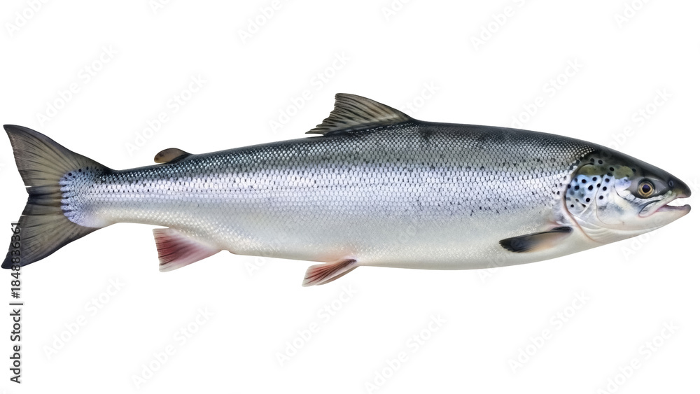Obraz premium Isolated silver-colored salmon, side view, perfect for restaurant or food concepts imagery