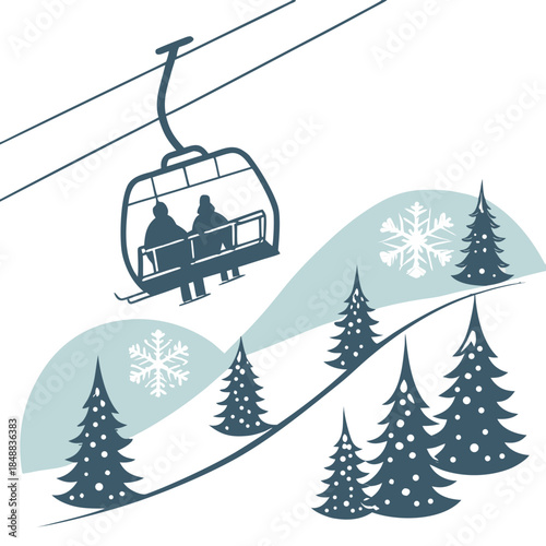 Ski Resort Winter Landscape – Christmas Chairlift Vector with Pine Trees, Snowflakes, Forest and Mountain Hills & Flat Minimalist Holiday Illustration for Seasonal Vacation and Outdoor Sports Design