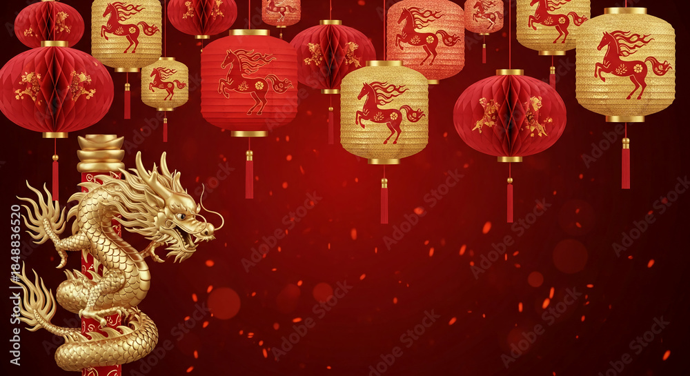 Fototapeta premium Image of golden dragon and red, gold paper lantern with horse on red backdrop, represention of Asian, Chinese New Year celebration, festival