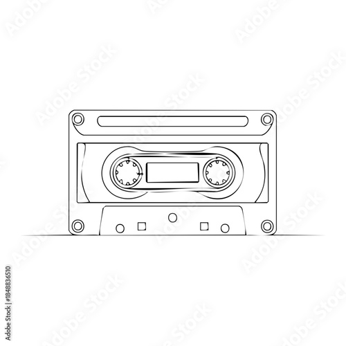 Vintage Cassette Tape Line Drawing, Audio Recording Technology, Retro Music Media, Minimalist Black and White Design for Nostalgia and Music Themes