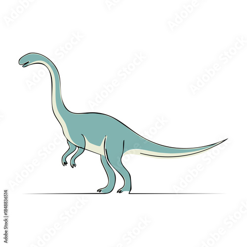 Drawn long necked dinosaur standing on the ground. Prehistoric animal. Paleontology. Extinct animal drawing. Large sauropod dinosaur illustration.