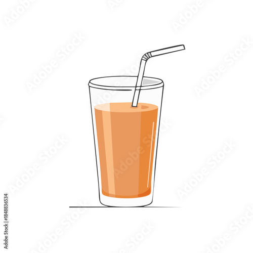 Isolated glass of orange juice with a straw against a white background, simple design for illustrating healthy refreshing drinks