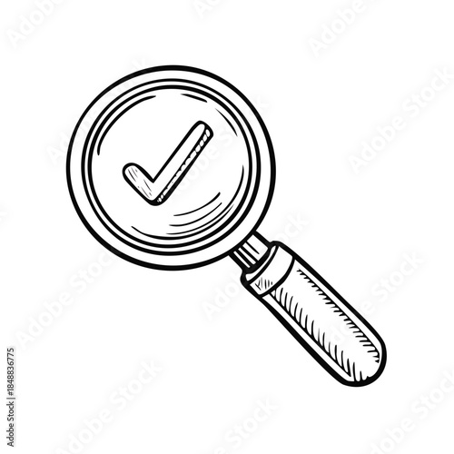Magnifying glass with check mark shows approved status or search completed successfully concept sketch