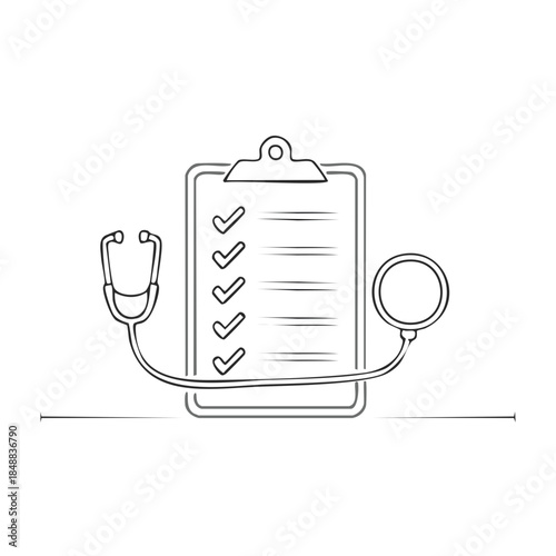 Medical Checklist Clipboard with Stethoscope Illustration Healthcare Form Diagnosis Examination Test Check Up Icon Thin Line Vector