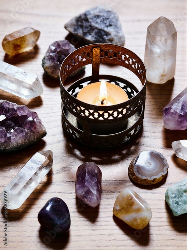 A burning tea light candle in a vintage brass filigree holder is surrounded by various healing crystals and gemstones on a wooden table.