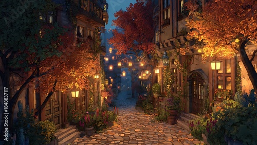 Charming Cobblestone Street with Soft Lights and Vibrant Fall Colors