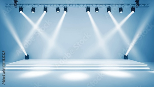 Empty stage with bright spotlights illuminating a white platform for performance