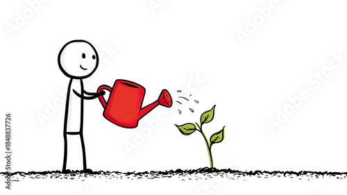 minimal stick figure watering young green plant with red watering can simple growth illustration on white background