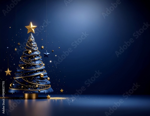 Niebieskie tło świąteczne z abstrakcyjną, artystyczną choinką i miejsce na tekst. Boże Narodzenie, Sylwester