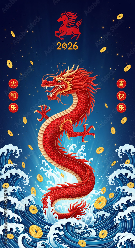 Fototapeta premium Image of a red dragon amidst waves, beneath a horse symbol and 