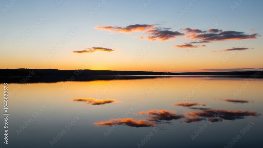 Naklejka premium Golden hour glow mirroring tranquil waters and serene sky at dusk creating a perfect reflective