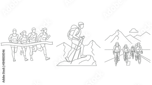 Outdoor adventure icons depicting running hiking and cycling activities