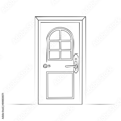 Minimalist Line Drawing of Interior Door with Arched Glass Window Home Decor Design