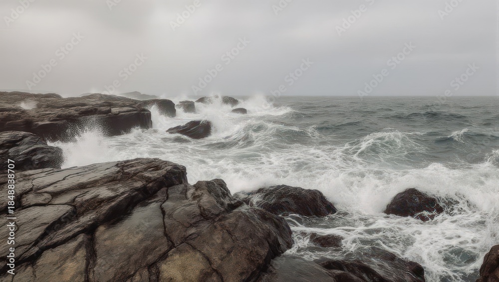 Fototapeta premium Stormy Ocean Waves Crashing on Rocky Shoreline Under Gray Sky.