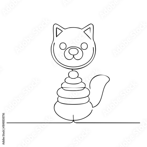 Cute animal toy: One line vector art of a kitty sitting on a ring stacker.