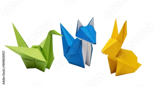 Bild auf Leinwand Isolated Three origami figures featuring a green bird, blue fox, and yellow rabb