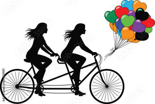 Silhouette couple riding tandem bicycle with colorful heart balloons on white background, romantic love concept for Valentine’s Day illustration
