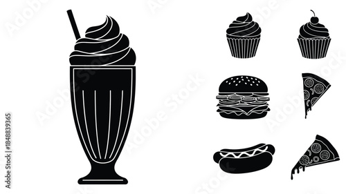 Black silhouette icons of desserts fast food and sweet treats