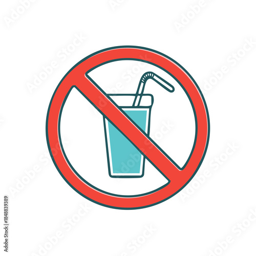 Banned Sugary Drinks Symbolic Sign Illustration with Red Circle and Cup with Straw Design