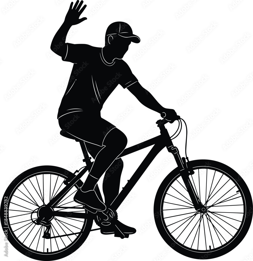 Naklejka premium Silhouette of cyclist riding bicycle with one hand raised, wearing cap, dynamic pose, outdoor activity, transportation, sports, motion concept