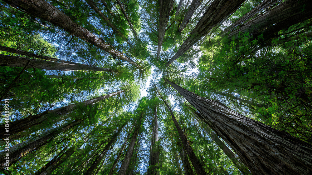 Fototapeta premium Looking Up Through Tall Redwood Trees to the Sky redwood forest