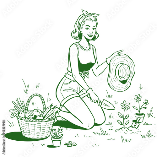Retro pin up gardener.Vintage woman farming.Outline drawing hobby.Gardening girl mascot.Farming line art vector