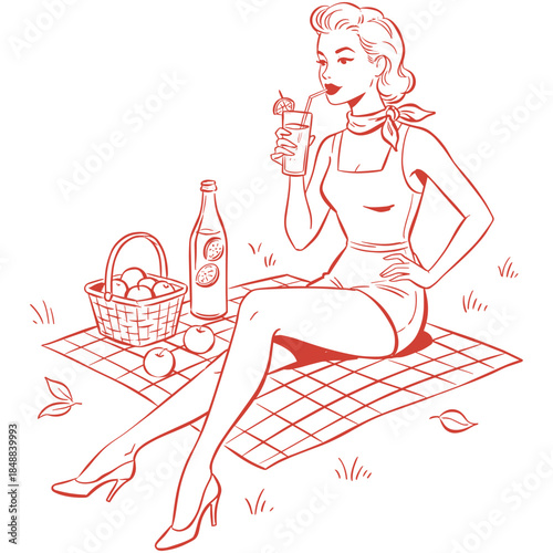 Retro Pinup Woman Line Art.Vintage Lady Picnic Illustration.Outline Drawing of Summer Model.Classic Beauty Drinking Juice.Engraving Style Vector Graph