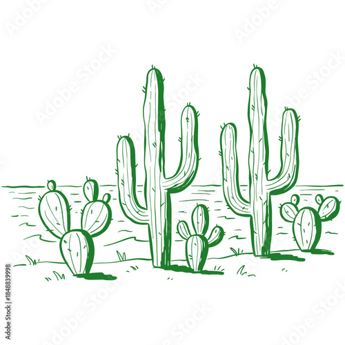 Desert Cactus Sketch.Hand Drawn Saguaro.Arid Landscape Doodle.Wild West Cacti Scene.Monochrome Succulents Art