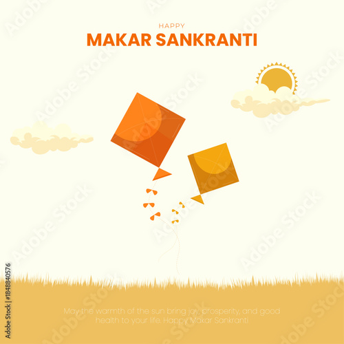 Happy Makar Sankranti social media post with Kite Festival Illustration with Sunshine Background, vector illustration.