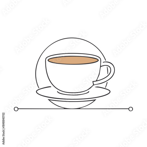 Simple white coffee cup with liquid on a matching saucer in front of circle