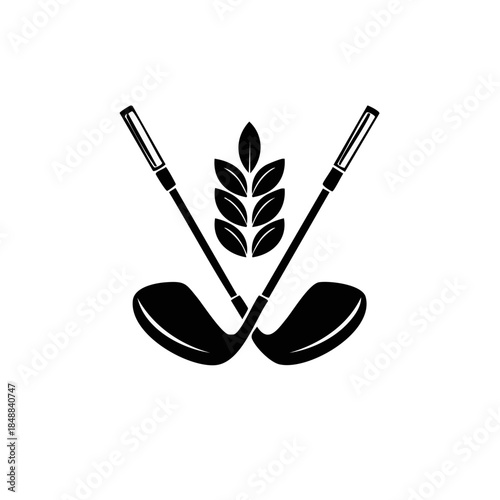 Golf clubs crossed with leaves vector emblem graphic, sports logo black and white