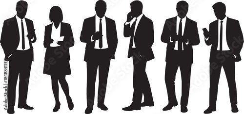 Business People Silhouette Set – Professional Men and Women Standing Poses, Corporate Team Outline, Office Workers Black Vector Illustration